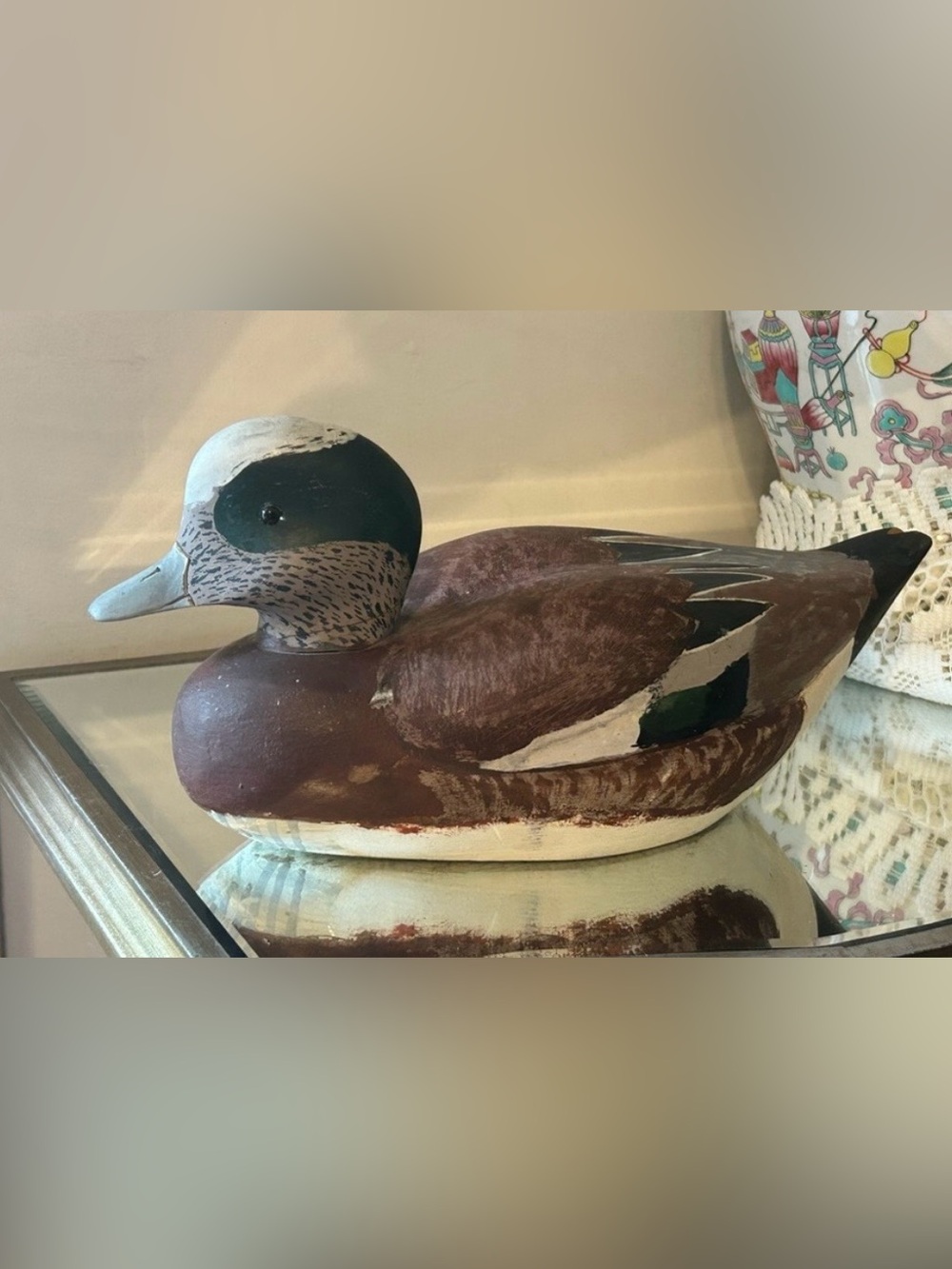 American Wigeon Brown and White Wooden Duck Decoy Carved by Herbert Hancock